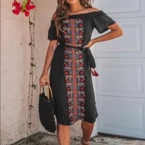 Vici Dolls Black Floral Embroidered Off-the-Shoulder Midi Dress